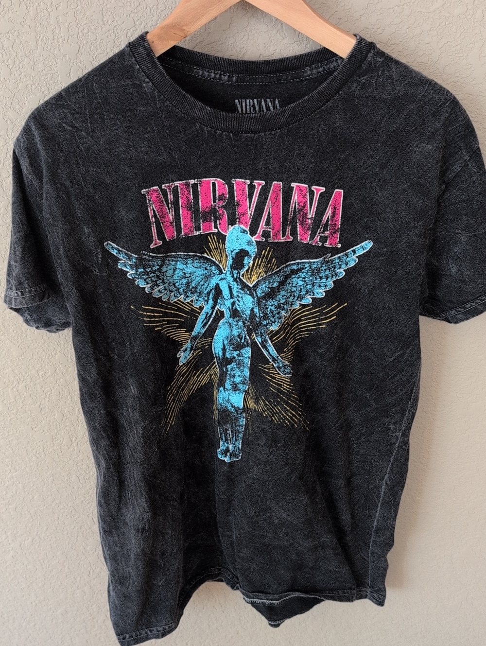 NIRVANA Black Short Sleeve Tee with Pink Logo & Blue Angel